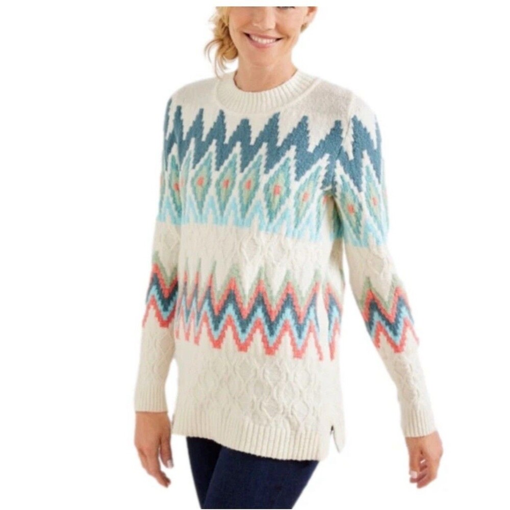 Talbots Zig-Zag Fair Isle Crewneck Pullover Sweater Long Sleeve Size LP